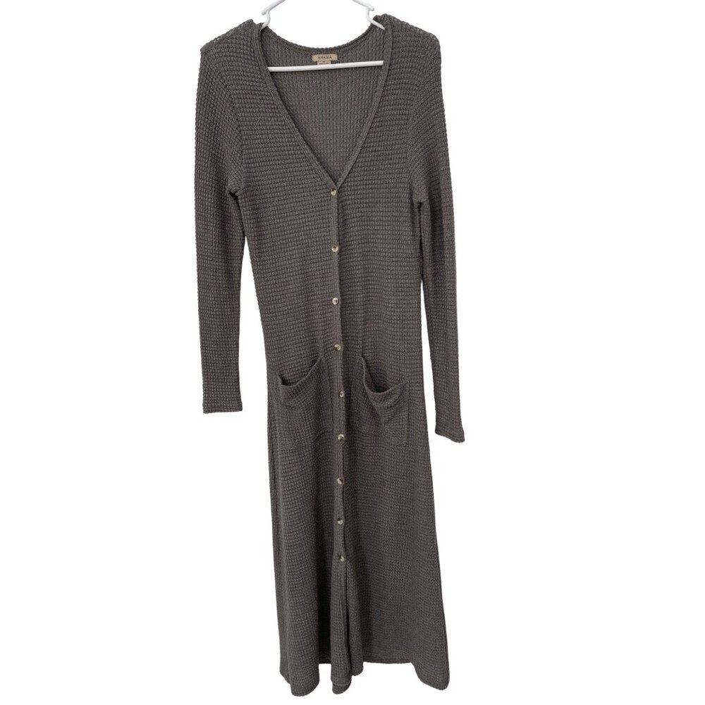 Anamá Waffle Knit Button Front Long Cardigan Sweater Womens M Gray Comfort Cozy